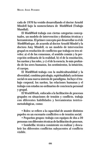 496
MIGUEL ANGEL PICHARDO
cada de 1970 ha venido desarrollando el doctor Arnold
Mindell bajo la nomenclatura de WorldWork (Trabajo
Mundial).
El WorldWork trabaja con ciertas categorías concep-
tuales, un modelo de intervención y distintas técnicas y
herramientas. El primer concepto por desarrollar es el de
WorldWork que, de acuerdo al doctor Arnold Mindel y la
doctora Amy Mindell, es un modelo de intervención
grupal en resolución de conflictos que trabaja en tres ni-
veles: a) el de los consensos, el sentido común y la per-
cepción ordinaria de la realidad, b) el de la ensoñación,
los sueños y los roles, y c) el de la esencia, lo más profun-
do de los seres humanos, los sentimientos, la intuición,
el cuerpo.
El WorldWork trabaja con la multiculturalidad y la
diversidad,combinapsicología,espiritualidadyactivismo
social en una nueva síntesis de paradigma. Incluye el tra-
bajo corporal, los sueños, las relaciones humanas y el
trabajo con estados no ordinarios de conciencia personal
y grupal.
El WorldWork, enfocado a la facilitación de procesos
grupales en situaciones de tensión y conflicto, trabaja
con diferentes habilidades y herramientas teórico-
metodológicas, como:
• Roles: se refiere a la capacidad de asumir distintos
papeles en un escenario conflictivo o de tensión social.
• Pequeños grupos: trabajo con equipos de dos a 20
personascondiferentestécnicasdefacilitacióndeprocesos.
• Sombrilla: técnica consistente en realizar y descu-
brir los diferentes conflictos subyacentes al conflicto
visible.
 