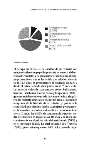 93
LA PERMANENCIA DE LAS MUJERES EN UN HOGAR VIOLENTO
CONCLUSIONES
El tiempo en el cual se ha establecido un vínculo con
una pareja tiene un papel importante en cuanto al desa-
rrollo de conflictos y de violencia: en esta muestra el tiem-
po promedio en que se ha tenido una relación violenta
es de 12.4 años, se presentan en el noviazgo en 33% y
desde el primer año de vivir juntos en 51.7 por ciento.
Lo anterior coincide con autores como Zubizarreta,
Sarasua, Echeburúa, Corral, Sauca y Emparanza (1994),
quienes señalan como una de las características singula-
res del maltrato doméstico es, por un lado, el comienzo
temprano de la historia de la relación y por otro la
cronicidad, por término medio las mujeres permanecen
en la situación de violencia durante un periodo no infe-
rior a 10 años. En el 59% de la muestra la duración me-
dia del maltrato es mayor a los 10 años y se inicia fre-
cuentemente en el primer año del matrimonio (50%) y
en el noviazgo (22%). Lo cual coincide con Traverso
(2000), quien señala que en el 46% de los casos de muje-
 