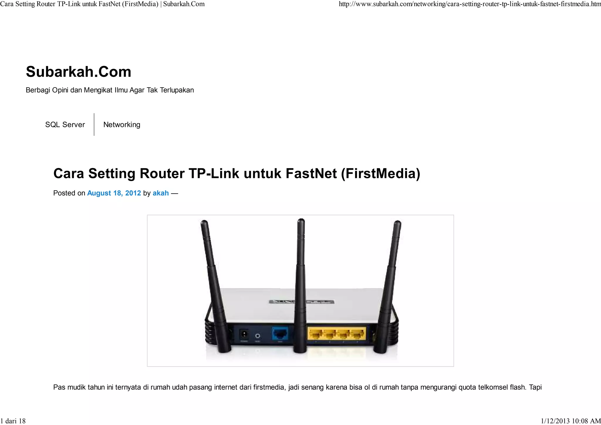 Cara setting router tp link untuk fast net (firstmedia) - subarkah | PDF