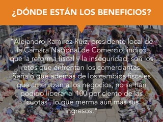 ¿DÓNDE ESTÁN LOS BENEFICIOS?
"Alejandro Ramírez Ruíz, presidente local de
la Cámara Nacional de Comercio, indicó
que la reforma fiscal y la inseguridad, son los
retos que enfrentan los comerciantes.
Señaló que además de los cambios fiscales
que amenazan a los negocios, no se han
podido liberar al 100 por ciento de las
‘cuotas’, lo que merma aún más sus
ingresos."
 