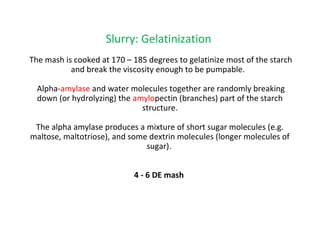 Slurry: Gelatinization
The mash is cooked at 170 – 185 degrees to gelatinize most of the starch
and break the viscosity enough to be pumpable.
Alpha-amylase and water molecules together are randomly breaking
down (or hydrolyzing) the amylopectin (branches) part of the starch
structure.
The alpha amylase produces a mixture of short sugar molecules (e.g.
maltose, maltotriose), and some dextrin molecules (longer molecules of
sugar).
4 - 6 DE mash
 