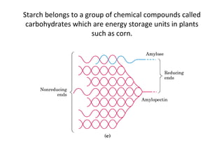 Starch belongs to a group of chemical compounds called
carbohydrates which are energy storage units in plants
such as corn.
 