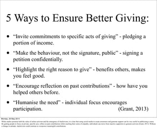 5 Ways to Ensure Better Giving:
• “Invite commitments to specific acts of giving” - pledging a
portion of income.
• “Make the behaviour, not the signature, public” - signing a
petition confidentially.
• “Highlight the right reason to give” - benefits others, makes
you feel good.
• “Encourage reflection on past contributions” - how have you
helped others before.
• “Humanise the need” - individual focus encourages
participation. (Grant, 2013)
Monday, 26 May 2014
While studies promote both the value of online activism and the emergence of slacktivism, it is clear that using social media to create awareness and generate support can be very useful in publicising a cause.
By getting people to focus on private, specific acts, reflect on past contributions while reaching their sense of empathy, individuals can move from inactive supporters to genuine activists (Grant, 2013). Without
a change in attitude, slacktivism could continue to overpower meaningful contributions.
 