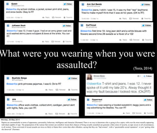 What were you wearing when you were
assaulted? (Testa, 2014)
Monday, 26 May 2014
Rapists are unremarkable in terms of appearance, personality, behaviour, intelligence and character (Hermann) There is no way to determine who is going to be a rapist, with even the most morally-appearing
individual capable of rape. The perpetuation of the rumour that women can somehow lessen their chances of being sexually assaulted can generate a false sense of security, as rape occurs in all circumstances,
to all women. Those convicted of sexual assaults are twice as likely to blame their victim than other offenders, saying that they are “bad women”, with a “questionable sexual reputation”, or just “getting what
she deserved” (Herman)
 