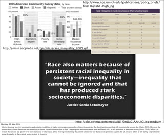 http://pbs.twimg.com/media/Bl_9mOaCIAArUIO.jpg:medium
http://main.socprobs.net/graphics/race_inequality_2005.gif
http://www.npc.umich.edu/publications/policy_briefs/
brief16/tab1-high.jpg
Monday, 26 May 2014
Inferior housing, pay, job opportunities and schools, in addition to higher crime rates compared to whites, demonstrates the disenfranchisement that still persists in the present day (Nash, 2010). However, the
opinion that African-Americans are themselves to blame for their situation due to their “inappropriate attitudes towards work and family life” is still prevalent in American society (Nash, 2010). While it is
evident that society has grown to be more inclusive of other races, while slowing transforming the current culture into one that actively promotes equality for all, one area which is still falling very behind in
terms of equality is the criminal justice system in America.
 