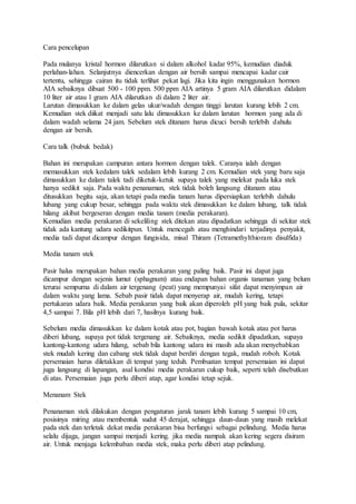 Cara pencelupan
Pada mulanya kristal hormon dilarutkan si dalam alkohol kadar 95%, kemudian diaduk
perlahan-lahan. Selanjutnya diencerkan dengan air bersih sampai mencapai kadar cair
tertentu, sehingga cairan itu tidak terlihat pekat lagi. Jika kita ingin menggunakan hormon
AIA sebaiknya dibuat 500 - 100 ppm. 500 ppm AIA artinya 5 gram AIA dilarutkan didalam
10 liter air atau 1 gram AIA dilarutkan di dalam 2 liter air.
Larutan dimasukkan ke dalam gelas ukur/wadah dengan tinggi larutan kurang lebih 2 cm.
Kemudian stek diikat menjadi satu lalu dimasukkan ke dalam larutan hormon yang ada di
dalam wadah selama 24 jam. Sebelum stek ditanam harus dicuci bersih terlebih dahulu
dengan air bersih.
Cara talk (bubuk bedak)
Bahan ini merupakan campuran antara hormon dengan talek. Caranya ialah dengan
memasukkan stek kedalam talek sedalam lebih kurang 2 cm. Kemudian stek yang baru saja
dimasukkan ke dalam talek tadi diketuk-ketuk supaya talek yang melekat pada luka stek
hanya sedikit saja. Pada waktu penanaman, stek tidak boleh langsung ditanam atau
ditusukkan begitu saja, akan tetapi pada media tanam harus dipersiapkan terlebih dahulu
lubang yang cukup besar, sehingga pada waktu stek dimasukkan ke dalam lubang, talk tidak
hilang akibat bergeseran dengan media tanam (media perakaran).
Kemudian media perakaran di sekeliling stek ditekan atau dipadatkan sehingga di sekitar stek
tidak ada kantung udara sedikitpun. Untuk mencegah atau menghindari terjadinya penyakit,
media tadi dapat dicampur dengan fungisida, misal Thiram (Tetramethylthioram disulfida)
Media tanam stek
Pasir halus merupakan bahan media perakaran yang paling baik. Pasir ini dapat juga
dicampur dengan sejenis lumut (sphagnum) atau endapan bahan organis tanaman yang belum
terurai sempurna di dalam air tergenang (peat) yang mempunyai sifat dapat menyimpan air
dalam waktu yang lama. Sebab pasir tidak dapat menyerap air, mudah kering, tetapi
pertukaran udara baik. Media perakaran yang baik akan diperoleh pH yang baik pula, sekitar
4,5 sampai 7. Bila pH lebih dari 7, hasilnya kurang baik.
Sebelum media dimasukkan ke dalam kotak atau pot, bagian bawah kotak atau pot harus
diberi lubang, supaya pot tidak tergenang air. Sebaiknya, media sedikit dipadatkan, supaya
kantong-kantong udara hilang, sebab bila kantong udara ini masih ada akan menyebabkan
stek mudah kering dan cabang stek tidak dapat berdiri dengan tegak, mudah roboh. Kotak
persemaian harus diletakkan di tempat yang teduh. Pembuatan tempat persemaian ini dapat
juga langsung di lapangan, asal kondisi media perakaran cukup baik, seperti telah disebutkan
di atas. Persemaian juga perlu diberi atap, agar kondisi tetap sejuk.
Menanam Stek
Penanaman stek dilakukan dengan pengaturan jarak tanam lebih kurang 5 sampai 10 cm,
posisinya miring atau membentuk sudut 45 derajat, sehingga daun-daun yang masih melekat
pada stek dan terletak dekat media perakaran bisa berfungsi sebagai pelindung. Media harus
selalu dijaga, jangan sampai menjadi kering. jika media nampak akan kering segera disiram
air. Untuk menjaga kelembaban media stek, maka perlu diberi atap pelindung.
 