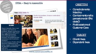 Consolidamento Marchio Cambaimento nella percezione del “Fai da te” Fidelizzazione al Customer Care Clienti Ikea Dipendenti Ikea 