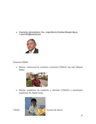 12
Vicerrector administrativo: Soc. Jorge Ramiro Ordoñez Morejón Mg.sc.
jrom1953@hotmail.com
Directores DNNA:
Director institucional de nivelación y admisión UTMACH: Ing. Iván Villacrés
Mieles
Director académico de nivelación y admisión UTMACH y coordinador
académico: Dr. Rubén Lema.
Talento humano de oficina:
 