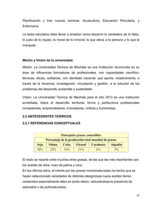 15
Planificación y tres nuevas carreras: Acuacultura, Educación Parvularia, y
Enfermería.
La tarea educativa debe llevar a enseñar como discernir lo verdadero de lo falso,
lo justo de lo injusto, lo moral de lo inmoral, lo que eleva a la persona y lo que la
manipula.
Misión y Visión de la universidad.
Misión: La Universidad Técnica de Machala es una Institución reconocida en su
área de influencias formadoras de profesionales, con capacidades científico-
técnicas, éticas, solidarias, con identidad nacional, que aporta, creativamente, a
través de la docencia, investigación, vinculación y gestión, a la solución de los
problemas del desarrollo sostenible y sustentable.
Visión: La Universidad Técnica de Machala para el año 2013 es una institución
acreditada, lidera el desarrollo territorial, forma y perfecciona profesionales
competentes, emprendedores, innovadores, críticos y humanistas.
2.2 ANTECEDENTES TEÓRICOS.
2.2.1 REFERENCIAS CONCEPTUALES
Principales grasas comestibles
Porcentaje de la producción total mundial de grasas
Soja Palma Colza Girasol Cacahuete Algodón
30% 23% 15% 11% 6% 5%
El resto se reparte entre muchas otras grasas, de las que las más importantes son
los aceites de oliva, nuez de palma y coco.
En los últimos años, el interés por las grasas monoinsaturadas ha hecho que se
hayan seleccionado variedades de distintas oleaginosas cuyos aceites tienen
contenidos especialmente altos en ácido oleico, reduciéndose la presencia de
saturados o de poliinsaturados.
 