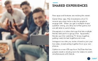 TRENDS
2018
SHARED EXPERIENCES
New apps and features are making this easier.
Game Show app, HQ, broadcasts a live 15-
minute quiz show twice a day for people to
engage with. When you get a multiple choice
question wrong, you drop out of the game, but
are still able to watch along.
Houseparty is a video chat app that lets multiple
friends take part in a group chat. Apparently
friends use it for watching TV shows together,
getting ready for bed together and more.
Instagram now lets you invite a friend to join your
live video, broadcasting together from your own
phones.
Uptime is a new iOS app from YouTube that lets
people create a viewing room for videos to watch
simultaneously with friends.
27
 