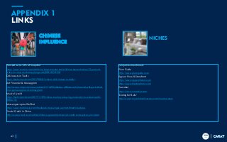 TRENDS
2018
TRENDS
2018
APPENDIX 1
LINKS
43
Tencent owns 12% of Snapchat
https://www.reuters.com/article/us-snap-tencent-stake/chinas-tencent-takes-12-percent-
stake-in-snap-as-shares-plunge-idUSKBN1D81G3
Didi invests in Taxify
https://techcrunch.com/2017/08/01/chinas-didi-invests-in-taxify/
Ant Financial & Moneygram
http://www.scmp.com/news/article/2111492/alibaba-affiliate-ant-financial-will-push-third-
time-get-us-approval-moneygram
Musical.ly sold
https://techcrunch.com/2017/11/09/chinas-toutiao-is-buying-musical-ly-in-a-deal-worth-
800m-1b/
Messenger copies WeChat
https://www.techinasia.com/facebook-messenger-wechat-fintech-features
‘Social Credit’ in China
http://www.wired.co.uk/article/chinese-government-social-credit-score-privacy-invasion
Companies mentioned:
Plum Guide
https://www.plumguide.com
Appear Here & Storefront
https://www.appearhere.co.uk
https://www.thestorefront.com
Coworker
https://www.coworker.com
‘Dating for Bulls’
http://www.trouverlebontaureau.com/nos-taureaux
/
CHINESE
INFLUENCE
NICHES
 