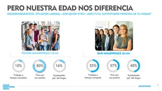 10
PERO NUESTRA EDAD NOS DIFERENCIA
YOUNG MILLENNIALS (18-24)
SOCIODEMOGRÁFICOS: SITUACIÓN LABORAL, ¿CON QUIÉN VIVES?, ¿ERES TÚ EL SUSTENTADOR PRINCIPAL DE TU HOGAR?
OLD MILLENNIALS (25-34)
Trabaja a
tiempo completo
Vive con
sus padres
Sustentador
ppl. del hogar
10% 80% 16% 55% 37% 48%
Trabaja a
tiempo completo
Vive con
sus padres
Sustentador
ppl. del hogar
 