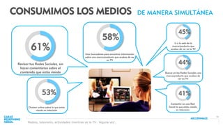 16
CONSUMIMOS LOS MEDIOS DE MANERA SIMULTÁNEA
Ir a la web de la
marca/producto que
acabas de ver en la TV
Buscar en las Redes Sociales una
marca/producto que acabas de
ver en TV
61%
Revisar tus Redes Sociales, sin
hacer comentarios sobre el
contenido que estás viendo
58%
Usar buscadores para encontrar información
sobre una marca/producto que acabas de ver
en TV
Chatear online sobre lo que estás
viendo en televisión
53%
45%
44%
41%
Comentar en una Red
Social lo que estás viendo
en televisión
Medios, televisión, actividades mientras ve la TV: ‘Alguna vez’.
 