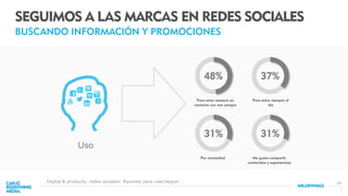 23
SEGUIMOS A LAS MARCAS EN REDES SOCIALES
BUSCANDO INFORMACIÓN Y PROMOCIONES
Digital & products, redes sociales: Razones para usar/seguir .
Para estar siempre en
contacto con mis amigos
37%
Para estar siempre al
día
48%
Por curiosidad
31%
Me gusta compartir
contenidos y experiencias
31%
Uso
 