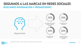 24
SEGUIMOS A LAS MARCAS EN REDES SOCIALES
BUSCANDO INFORMACIÓN Y PROMOCIONES
Para obtener descuentos,
cupones o muestras
gratuitas
34%
Para algún tipo de
competición
35%
Para obtener más
información
32%
Para estar al día de
nuevos productos y
servicios
34%
Seguimiento
Digital & products, redes sociales: Razones para usar/seguir .
 