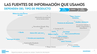 31
LAS FUENTES DE INFORMACIÓN QUE USAMOS
DEPENDEN DEL TIPO DE PRODUCTO
Buscadores (Google. Bing.
Ask)
En persona visitando la
tienda y preguntando al
dependiente
Social media (Facebook.
Twitter)
Blogs y forums
Información de productos
de las tiendas online
Prensa y revistas
Canales de TV
Conversación con amigos o
familiares
Productos de alimentación
Belleza e higiene
Salud / Farmacia
Ropa / Zapatos /
Accesorios
Tecnología
Billetes de avión/reservas
de hotel
Música (CD, mp3, etc.)
Descargas de música
Ebooks
Libros impresos
Muebles y decoración
Joyería
Automoción
Entradas para espectáculos
Banca personal/finanzas
Digital & products, proceso de compra. Fuente de información.
PRE-
COMPRA
COMPRA
POST-
COMPRA
 