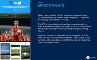 Twitter has a deal with the NFL to stream a live match every
Thursday evening, with related tweets alongside. The games
ar...