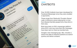 CHATBOTS​
Over 30,000 chatbots have been developed for
Facebook Messenger since they were enabled
in April 2016.
These ran...