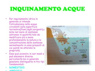 INQUINAMENTO ACQUE Per inquinamento idrico in generale si intende l’introduzione nelle acque circolanti sulla superficie terrestre(fiumi,laghi,sorgenti),anche nel mare di sostanze estranee in quantità tale da modificare più o meno profondamente la natura o la concentrazione delle sostanze normalmente in esse presenti di cui quindi ne alterano la proprietà. Esso può avvenire in vari modi e può assumere diversa pericolosità ma in generale possiamo distinguerlo in tre tipi fondamentali: DOMESTICO. AGRICOLO. INDUSTRIALE. 