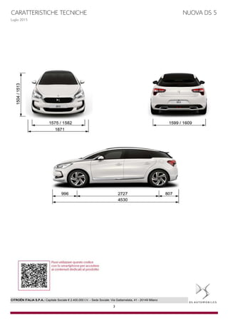 CARATTERISTICHE TECNICHE NUOVA DS 5
Luglio 2015
3
CITROËN ITALIA S.P.A.: Capitale Sociale € 2.400.000 I.V. - Sede Sociale: Via Gattamelata, 41 - 20149 Milano
 