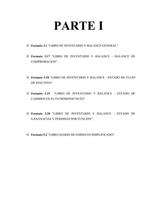 PARTE I
 Formato 3.1 “LIBRO DE INVENTARIO Y BALANCE GENERAL”.


 Formato 3.17 “LIBRO DE INVENTARIO Y BALANCE - BALANCE DE
  COMPROBACION”.




 Formato 3.18 “LIBRO DE INVENTARIO Y BALANCE - ESTADO DE FLUJO
  DE EFECTIVO”.


 Formato 3.19    “LIBRO DE INVENTARIO Y BALANCE - ESTADO DE
  CAMBIOS EN EL PATRIMONIO NETO”.



 Formato 3.20 “LIBRO DE INVENTARIO Y BALANCE - ESTADO DE
  GANANACIAS Y PÉRDIDAS POR FUNCIÓN”.




 Formato 5.2 “LIBRO DIARIO DE FORMATO SIMPLIFICADO”.
 