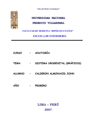 “Año del Deber Ciudadano” 
UUNNIIVVEERRSSIIDDAADD NNAACCIIOONNAALL 
FFEEDDEERRIICCOO VVIILLLLAARRRREEAALL 
FACULTAD DE MEDICINA “HIPÓLITO UNANUE” 
ESCUELA DE ENFERMERÍA 
CURSO : ANATOMÍA 
TEMA : SISTEMA UROGENITAL (GRÁFICOS) 
ALUMNO : CALDERON ALMONACID JOHN 
AÑO : PRIMERO 
LIMA – PERÚ 
2007 
 