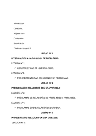 Introduccion
Caractula.
Hoja de vida
Contenidos
Justificación
Diario de campo # 1
UNIDAD Nº 1
INTRODUCCION A LA SOLUCION DE PROBLEMAS.
LECCION Nº 1:
 CRACTERISTICAS DE UN PROBLEMAS.
LECCION Nº 2:
 PROCEDIMIENTO PAR SOLUCION DE UN PROBLEMAS.
UNIDAD Nº 2
PROBLEMAS DE RELACIONES CON UNA VARIABLE
LECCION Nº 3:
 PROBLAMAS DE RELACONES DE PARTE-TODO Y FAMILIARES.
LECCION Nº 4:
 PROBLAMAS SOBRE RELACIONES DE ORDEN.
UNIDAD Nº 3
PROBLEMAS DE RELACION CON UNA VARIABLE
LECCION Nº 5:

 