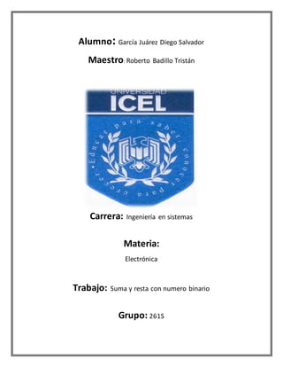 Alumno: García Juárez Diego Salvador
Maestro: Roberto Badillo Tristán
Carrera: Ingeniería en sistemas
Materia:
Electrónica
Trabajo: Suma y resta con numero binario
Grupo: 261S
 