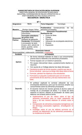 SUBSECRETARÍA DE EDUCACIÓN MEDIA SUPERIOR
         DIRECCIÓN GENERAL DE EDUCACIÓN TECNOLÓGICA
      INDUSTRIAL COORDINACIÓN DE ENLACE OPERATIVO DE LA
            DGETI EN MORELOS ÁREA TÉCNICO OPERATIVA
                     SECUENCIA DIDÁCTICA

                                  Nº 1
Asignatura:          TIC’S               Tema Integrador:       Tecnología

                                          Problemática: Consecuencias de los
Maestro:      Rodrigo Vargas Yáñez alimentos procesados.
             Concepto fundamental:                 Dimensión Procedimental:
             Información.                 Realización de:
             Concepto subsidiario             • Lluvia de ideas
                                              • Collage
Dimensión de primer nivel:
             Software de aplicación           • Resumen
Fáctica:
             Contenido: Enciclopedia          • Utilización de enciclopedia electrónica
             y procesador de texto            • Síntesis
             (nuevo, abrir, edición de        • Exposición
             textos, guardar, cerrar,
             salir e imprimir).
                                  Dimensión Valoral:
Responsabilidad, colaboración, solidaridad y creatividad.
   BLOQUES                                      ACTIVIDADES
                       • De forma individual redactar en base a sus conocimientos
                           previos todo lo referente a los alimentos procesados.
                       • Formar equipos con un máximo 4 personas.
    Apertura
                       • Por equipo intercambiar ideas y posteriormente diseñar un
                           resumen.
                       • Con ayuda de un Collage plasmar las ideas del equipo.
                          Cambiaria la parte de formar equipos y pediría que sea en
                          forma individual, para que se tenga más ideas sobre el tema
                          Formular, plantear los objetivos a los estudiantes.
                          Formularía un pequeño cuestionario para ver el nivel de
                          conocimiento de los alumnos y de esa manera tener una
                          base.

                     •   El profesor explicará la correcta utilización de una
                         enciclopedia electrónica, para que los alumnos amplíen sus
                         conocimientos sobre los alimentos procesados.
   Desarrollo        •   El docente instruirá de manera general al alumno sobre el
                         manejo de un procesador de textos. Y a través de dicha
                         asesoría el alumno utilizará el procesador de textos para
                         elaborar una síntesis sobre el tema.
                            Implementaría el uso de videos sobre el tipo de
                            alimentos procesados para un mejor adaptación del
                            tema y de esa manera elaboren la síntesis sobre el
                            tema.
                            Comparación de alimentos procesados transgénicos con
                            los alimentos procesados orgánicos. (Investigación en
                            blogs). - 1 -
                            Investigar sobre el uso de aditivos químicos en el
                            proceso de elaboración de los alimentos procesados y
                            su incidencia en la salud.
 