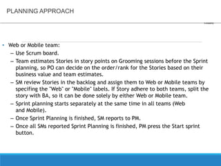 PLANNING APPROACH
• Web or Mobile team:
– Use Scrum board.
– Team estimates Stories in story points on Grooming sessions before the Sprint
planning, so PO can decide on the order/rank for the Stories based on their
business value and team estimates.
– SM review Stories in the backlog and assign them to Web or Mobile teams by
specifing the "Web" or "Mobile" labels. If Story adhere to both teams, split the
story with BA, so it can be done solely by either Web or Mobile team.
– Sprint planning starts separately at the same time in all teams (Web
and Mobile).
– Once Sprint Planning is finished, SM reports to PM.
– Once all SMs reported Sprint Planning is finished, PM press the Start sprint
button.
 
