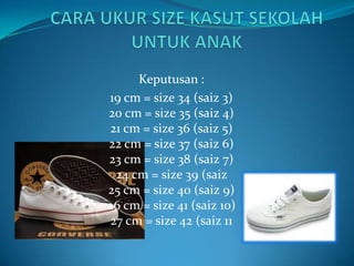 Keputusan :
19 cm = size 34 (saiz 3)
20 cm = size 35 (saiz 4)
21 cm = size 36 (saiz 5)
22 cm = size 37 (saiz 6)
23 cm = size 38 (saiz 7)
  24 cm = size 39 (saiz
25 cm = size 40 (saiz 9)
26 cm = size 41 (saiz 10)
 27 cm = size 42 (saiz 11
 