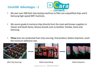 CaraUSB Advantages - 1
• We own over 200 flash chip testing machines to filter out unqualified chips and 6
Samsung high-speed SMT machines.
• We source grade-A memory chips directly from the most well-known suppliers in
Taiwan and South Korea, famous brands such as SanDisk, Toshiba, Hynix and
Samsung.
• Three tests are conducted from chip sourcing, final product, before shipment, reach
the minimum defective rate.
After Chip Sourcing Before Assembling Before Shipment
my@carausb.com 008615014148476
 