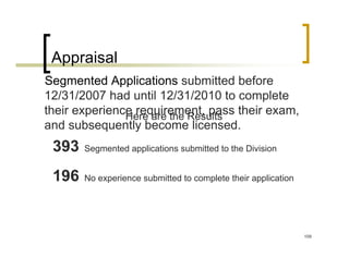 Appraisal
Segmented Applications submitted before
12/31/2007 had until 12/31/2010 to complete
their experience requirement, pass their exam,
               Here are the Results
and subsequently become licensed.
 393   Segmented applications submitted to the Division


 196   No experience submitted to complete their application




                                                               109
 