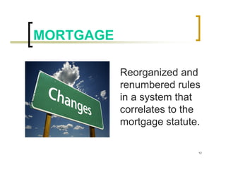 MORTGAGE

           Reorganized and
           renumbered rules
           in a system that
           correlates to the
           mortgage statute.

                           12
 