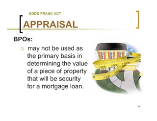DODD FRANK ACT


   APPRAISAL
BPOs:
   may not be used as
   the primary basis in
   determining the value
   of a piece of property
   that will be security
   for a mortgage loan.

                            24
 