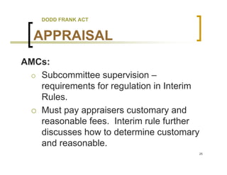 DODD FRANK ACT


  APPRAISAL
AMCs:
   Subcommittee supervision –
   requirements for regulation in Interim
   Rules.
   Must pay appraisers customary and
   reasonable fees. Interim rule further
   discusses how to determine customary
   and reasonable.
                                        25
 