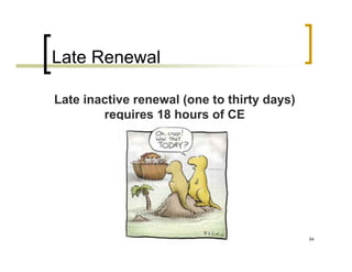 Late Renewal

Late inactive renewal (one to thirty days)
        requires 18 hours of CE




                                             94
 