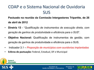 COAP e o Sistema Nacional de Ouvidoria
SUS
Pactuado na reunião da Comissão Intergestores Tripartite, de 26
de abril de 2012
• Diretriz 13 - “Qualificação de instrumentos de execução direta, com
geração de ganhos de produtividade e eficiência para o SUS”.
• Objetivo Nacional: Qualificação de instrumentos de gestão, com
geração de ganhos de produtividade e eficiência para o SUS.
• Indicador 3.1 – Proporção de municípios com ouvidorias implantadas
• Esferas de pactuação: Federal, Estadual, DF e Municipal
 