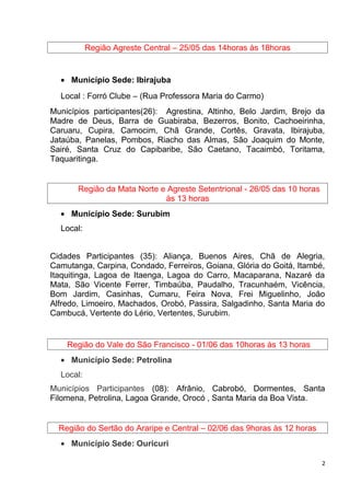 Região Agreste Central – 25/05 das 14horas às 18horas
• Município Sede: Ibirajuba
Local : Forró Clube – (Rua Professora Maria do Carmo)
Municípios participantes(26): Agrestina, Altinho, Belo Jardim, Brejo da
Madre de Deus, Barra de Guabiraba, Bezerros, Bonito, Cachoeirinha,
Caruaru, Cupira, Camocim, Chã Grande, Cortês, Gravata, Ibirajuba,
Jataúba, Panelas, Pombos, Riacho das Almas, São Joaquim do Monte,
Sairé, Santa Cruz do Capibaribe, São Caetano, Tacaimbó, Toritama,
Taquaritinga.
Região da Mata Norte e Agreste Setentrional - 26/05 das 10 horas
às 13 horas
• Município Sede: Surubim
Local:
Cidades Participantes (35): Aliança, Buenos Aires, Chã de Alegria,
Camutanga, Carpina, Condado, Ferreiros, Goiana, Glória do Goitá, Itambé,
Itaquitinga, Lagoa de Itaenga, Lagoa do Carro, Macaparana, Nazaré da
Mata, São Vicente Ferrer, Timbaúba, Paudalho, Tracunhaém, Vicência,
Bom Jardim, Casinhas, Cumaru, Feira Nova, Frei Miguelinho, João
Alfredo, Limoeiro, Machados, Orobó, Passira, Salgadinho, Santa Maria do
Cambucá, Vertente do Lério, Vertentes, Surubim.
Região do Vale do São Francisco - 01/06 das 10horas às 13 horas
• Município Sede: Petrolina
Local:
Municípios Participantes (08): Afrânio, Cabrobó, Dormentes, Santa
Filomena, Petrolina, Lagoa Grande, Orocó , Santa Maria da Boa Vista.
Região do Sertão do Araripe e Central – 02/06 das 9horas às 12 horas
• Município Sede: Ouricuri
2
 