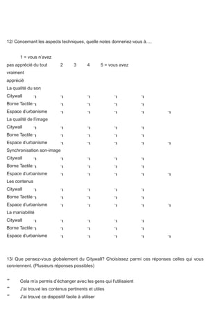 12/ Concernant les aspects techniques, quelle notes donneriez-vous à….


      1 = vous n’avez
pas apprécié du tout         2       3      4       5 = vous avez
vraiment
apprécié
La qualité du son
Citywall                                                        
Borne Tactile                                                   
Espace d’urbanisme                                                   
La qualité de l’image
Citywall                                                        
Borne Tactile                                                   
Espace d’urbanisme                                                   
Synchronisation son-image
Citywall                                                        
Borne Tactile                                                   
Espace d’urbanisme                                                   
Les contenus
Citywall                                                        
Borne Tactile                                                   
Espace d’urbanisme                                                   
La maniabilité
Citywall                                                        
Borne Tactile                                                   
Espace d’urbanisme                                                   




13/ Que pensez-vous globalement du Citywall? Choisissez parmi ces réponses celles qui vous
conviennent. (Plusieurs réponses possibles)


     Cela m’a permis d’échanger avec les gens qui l'utilisaient
     J'ai trouvé les contenus pertinents et utiles
     J'ai trouvé ce dispositif facile à utiliser
 