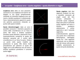 • Le quote – lunghezza arco – quota angolare – quota diametro e raggio
a cura dell’arch. Anna Fetta
Lunghezza arco: dato un arco possiamo
conoscere la sua lunghezza ed inserire nel
disegno la sua quota semplicemente
clickando sul comando lunghezza arco nel
menù a tendina quotatura e selezionando
l’arco. Automaticamente apparirà la quota
che potremo posizionare clickando un
punto nello spazio modello
Quota angolare: dati due
segmenti incidenti tra loro
e possibile conoscere gli
angoli creati dal loro
incrocio utilizzando il
comando quota angolare.
Dopo aver preso il comando
quota angolare nel menu a
tendina quotatura
selezioniamo il primo
segmento e poi il secondo
segmento,
automaticamente apparirà
una quota che ci informerà
dell’ampiezza dell’angolo
creata fra i due segmenti
selezionati, con un ulteriore
click del mouse nello spazio
modello posizioniamo la
quota nel punto desiderato.
Quota diametro/raggio: dato un arco è
possibile conoscere il diametro passante al
centro della circonferenza di cui l’arco fa
parte. Nel menu a tendina quotatura
prendere quota diametro, selezionare l’arco,
automaticamente comparirà la quota del
diametro passante per il centro della
circonferenza di cui l’arco fa parte. Clickare
un punto nello spazio modello per
posizionare la quota. Allo stesso modo
procederemo per ottenere la quota del
raggio con la sola differenza che nel menù a
tendina quotatura prendiamo il comando
quota raggio.
 