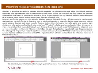 • Inserire una finestra di visualizzazione nello spazio carta
a cura dell’arch. Anna Fetta
Impostata la grandezza del layout da stampare possiamo procedere con l’impaginazione della tavola. Praticamente dobbiamo
posizionare nello spazio carta sul foglio, il disegno realizzato nello spazio modello alla giusta scala. Per farlo creiamo una finestra di
visualizzazione. Una finestra di visualizzazione è come un foro di forma rettangolare che noi ritagliamo sul foglio bianco dello spazio
carta, attraverso questo buco noi vediamo quanto è stato disegnato nello spazio carta.
Per creare una finestra andiamo nel menù a tendina Visualizza scegliamo il comando finestra – 1 finestra, quindi ci muoviamo sullo
spazio carta per inserire la finestra, la disegniamo come se stessimo disegnando un rettangolo. Grazie a questa finestra noi vediamo
quanto abbiamo disegnato sullo spazio modello. Possiamo inoltre attivare la finestra, cioè dallo spazio carta possiamo agire
direttamente sullo spazio modello clickando sulla parola “carta”/ “modello” nella barra dei comandi ausiliari ( dove si trovano orto-
snap- osnap-spl). Quando la finestra è attiva ( sulla barra dei comandi ausiliari compare la parola Modello) possiamo utilizzare lo zoom
ed il pan per inquadrare perfettamente il disegno creato. In base alla zoom di visualizzazione impostiamo la scala di rappresentazione.
Una volta raggiunta l’inquadratura desiderata blocchiamo la finestra clickando sulla parola “MODELLO” nella barra dei comandi ausiliari,
sul tasto al posto di MODELLO comparirà la scritta CARTA . E’ possibile attivare la finestra anche clickando due volte al suo interno con il
tasto sinistro del mouse.
N.B . Quando la finestra è attiva i suoi bordi sono più spezzi e al suo interno viene visulizzato il sistema di riferimento wcs.
 