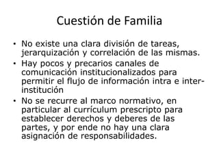 Cuestión de Familia
• No existe una clara división de tareas,
jerarquización y correlación de las mismas.
• Hay pocos y precarios canales de
comunicación institucionalizados para
permitir el flujo de información intra e inter-
institución
• No se recurre al marco normativo, en
particular al currículum prescripto para
establecer derechos y deberes de las
partes, y por ende no hay una clara
asignación de responsabilidades.
 