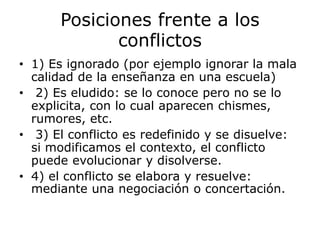 Posiciones frente a los
conflictos
• 1) Es ignorado (por ejemplo ignorar la mala
calidad de la enseñanza en una escuela)
• 2) Es eludido: se lo conoce pero no se lo
explicita, con lo cual aparecen chismes,
rumores, etc.
• 3) El conflicto es redefinido y se disuelve:
si modificamos el contexto, el conflicto
puede evolucionar y disolverse.
• 4) el conflicto se elabora y resuelve:
mediante una negociación o concertación.
 