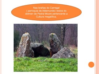 Nas brañas do Carregal
( parroquia de Aldemunde) restos do
dolmen de Pedra Moure pertencente a
Cultura megalítica.
 