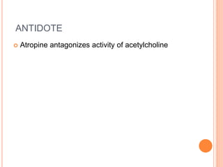 ANTIDOTE
 Atropine antagonizes activity of acetylcholine
 