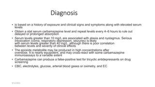 Diagnosis
• is based on a history of exposure and clinical signs and symptoms along with elevated serum
levels
• Obtain a stat serum carbamazepine level and repeat levels every 4–6 hours to rule out
delayed or prolonged absorption
• Serum levels greater than 10 mg/L are associated with ataxia and nystagmus. Serious
intoxication (coma, respiratory depression, seizures) is likely
with serum levels greater than 40 mg/L, although there is poor correlation
between levels and severity of clinical effects
• The epoxide metabolite may be produced in high concentrations after
overdose. It is nearly equipotent, and may cross-react with some carbamazepine
immunoassays to a variable extent
• Carbamazepine can produce a false-positive test for tricyclic antidepressants on drug
screening
• CBC, electrolytes, glucose, arterial blood gases or oximetry, and EC
9/12/2022
 