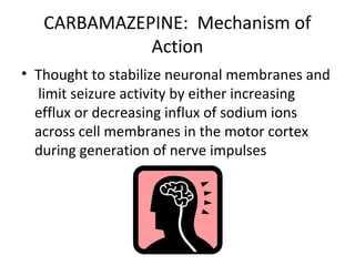 CARBAMAZEPINE: Mechanism of
             Action
• Thought to stabilize neuronal membranes and
  limit seizure activity by either increasing
  efflux or decreasing influx of sodium ions
  across cell membranes in the motor cortex
  during generation of nerve impulses
 