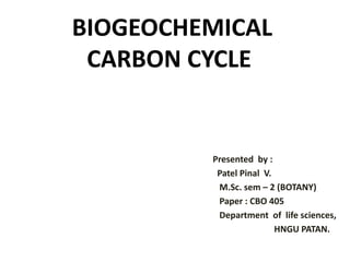 BIOGEOCHEMICAL
CARBON CYCLE
Presented by :
Patel Pinal V.
M.Sc. sem – 2 (BOTANY)
Paper : CBO 405
Department of life sciences,
HNGU PATAN.
 