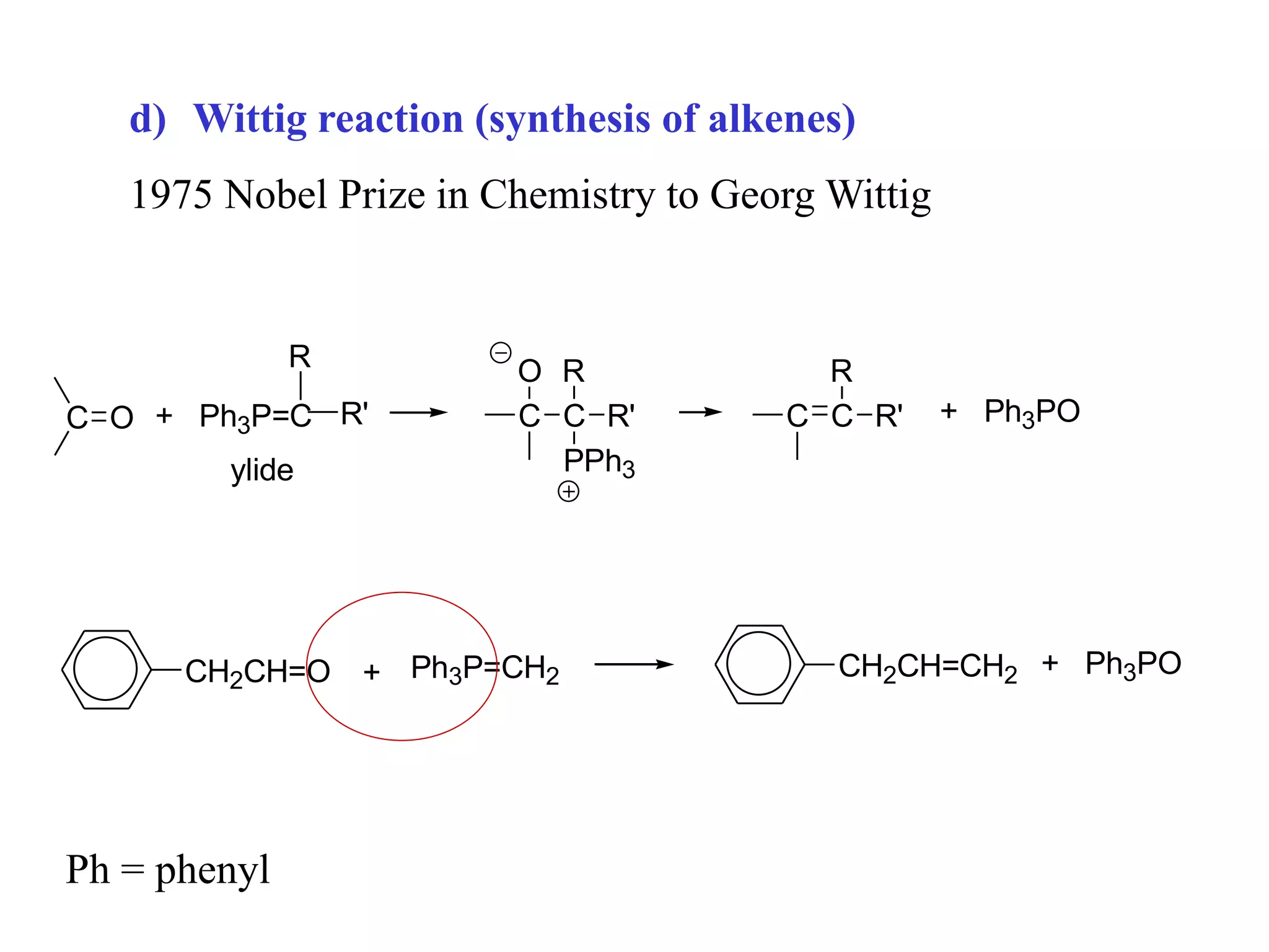 d) Wittig reaction (synthesis of alkenes)
1975 Nobel Prize in Chemistry to Georg Wittig
C O + Ph3P=C R'
R
ylide
C
O
C R'
R
PPh3
C C
R
R' + Ph3PO
CH2CH=O + Ph3P=CH2 CH2CH=CH2 + Ph3PO
Ph = phenyl
 